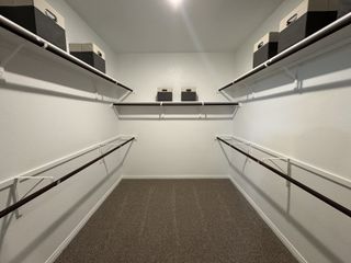 A spacious walk-in closet with dual hanging rods, sleek storage boxes, and plush carpeting for a tidy, organized space.