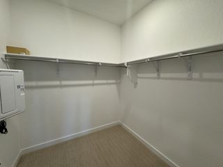 A spacious walk-in closet with carpeted flooring and a sleek metal hanging rod, offering ample storage space.