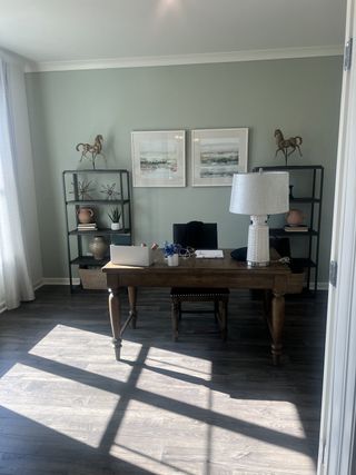 Model Home A cozy home office with elegant décor, wooden desk, stylish shelving, and soft natural light flooding the space.