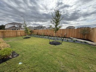 A beautifully landscaped backyard with young trees and a wooden fence in Woodfield Preserve: Ridgepointe Collection by Lennar.