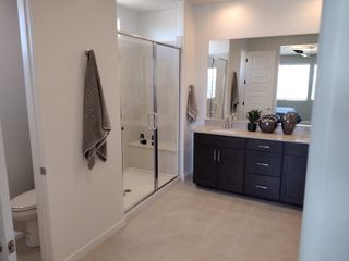 Model Home A sleek bathroom with a glass shower, dark wood vanity, and large mirror, offering a bright and sophisticated space.