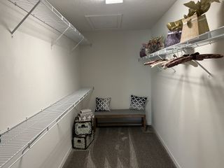 Model Home A spacious walk-in closet featuring organized shelving, cozy bench seating, and decorative storage boxes.