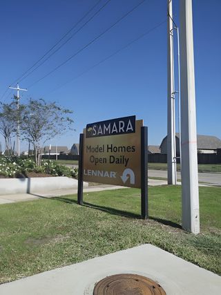 A welcoming entry sign for Samara by Lennar (League City, TX), showcasing model homes open daily in this beautifully planned community.
