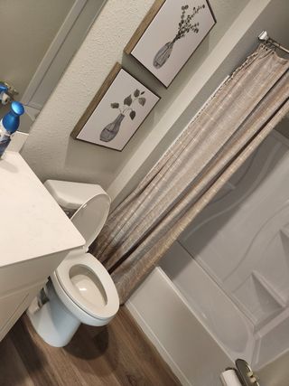 A cozy bathroom with wood flooring, a white vanity, elegant wall art, and a simple shower curtain.