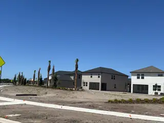 Newly built homes in Stonegate Preserve: The Executives by Lennar, Palmetto, FL, featuring modern designs and palm-lined streets.