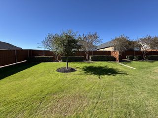 Street view A lush green backyard with manicured landscaping in Sunfield by Centex, Buda, TX.