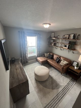 A cozy living room with a leather sofa, patterned rug, and contemporary shelving. Warm lighting creates an inviting atmosphere.