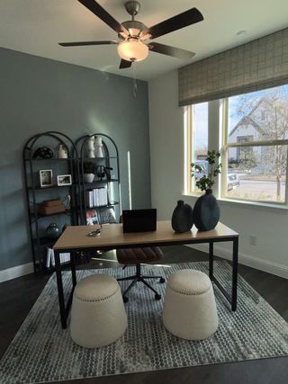 A modern home office with a sleek desk, stylish shelving, and natural light from large windows, featuring tasteful decor.