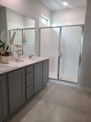 Model Home A modern bathroom with a sleek glass shower, large mirror, and elegant gray vanity.
