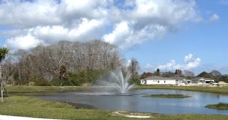 A serene water feature with a decorative fountain, surrounded by green spaces and nearby homes, adding to the aesthetic appeal of the neighborhood.