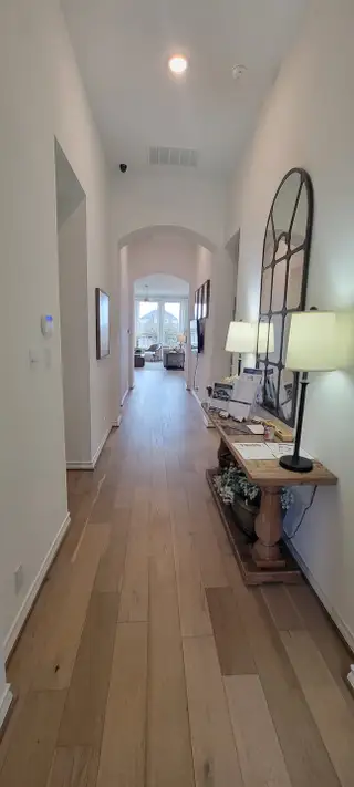 A welcoming hallway with wooden flooring, bright lighting, and decorative accents leading to a cozy living space.