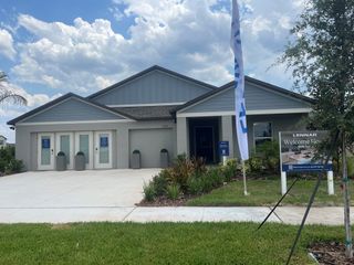 Street view A stylish contemporary home with a welcoming driveway and manicured landscaping in Balm Grove: The Executives by Lennar (Wimauma, FL).