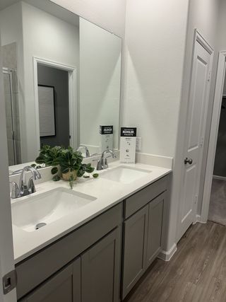 A modern bathroom with dual sinks, sleek cabinetry, and a large mirror, accented by a touch of greenery.