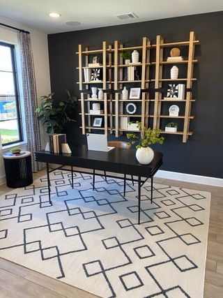 A modern home office with geometric shelving, a sleek black desk, and a patterned rug, creating a stylish workspace.