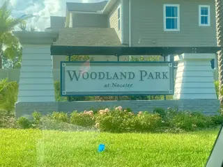 A welcoming entrance to Woodland Park by Providence Homes in Ponte Vedra Beach, FL, featuring lush landscaping.