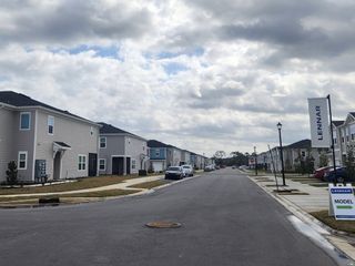 A scenic view of the Hardwick Farms community by Lennar, showcasing charming townhomes with a well-planned streetscape in Jacksonville, FL.