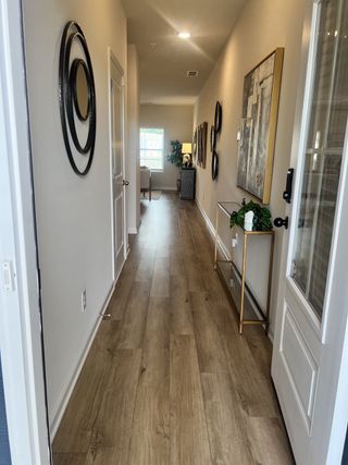 A modern hallway with wood flooring, artistic wall decor, and soft lighting leading to a cozy living area.