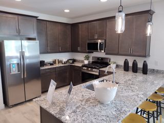 Modern kitchen with granite countertops, stainless steel appliances, dark cabinets, and chic pendant lighting.