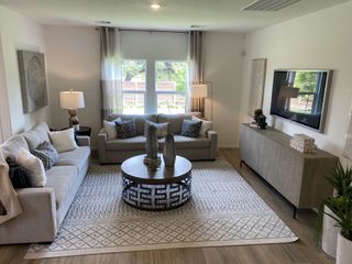 A cozy living room featuring plush gray sofas, a patterned rug, and sleek decor with natural light streaming through large windows.