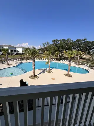 A serene pool area adorned with palm trees, perfect for relaxation in Liberty Hill Farm by K. Hovnanian® Homes (Mount Pleasant, SC).