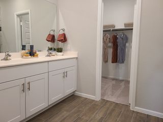 Modern bathroom with double vanity, sleek fixtures, and an inviting walk-in closet for streamlined organization.