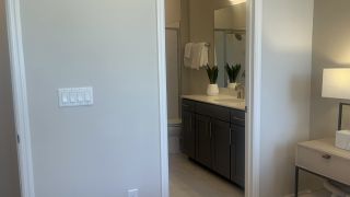Model Home A modern bathroom with a sleek dark vanity, quartz countertop, and stylish decor accents.