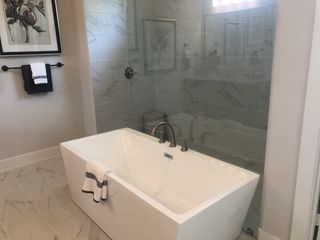 A modern bathroom features a sleek bathtub, marble-tiled shower, and contemporary decor.