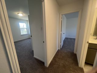 A cozy hallway with plush carpet leads to sunlit rooms and a bathroom, offering a comfortable and inviting atmosphere.