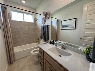 Model Home A modern bathroom with a tiled shower, sleek vanity, and elegant decor accents.