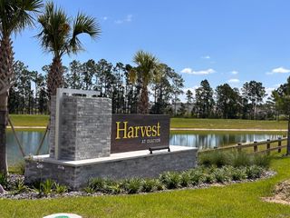 Street view A scenic setting with lush greenery and a serene pond in Harvest at Ovation - Townhomes by Rockwell Homes (Winter Garden, FL).