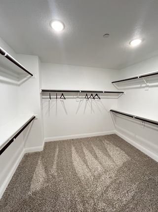 A spacious walk-in closet with plush carpeting, ample shelving, and sleek lighting fixtures.