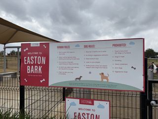 A welcoming sign at Easton Bark within Urban Courtyard Homes at Easton Park by Brookfield Residential (Austin, TX).