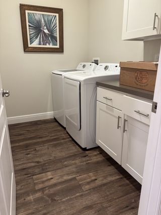 A sleek laundry room with wood flooring, white cabinetry, and modern appliances, accented by a framed botanical artwork.