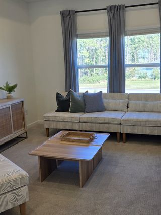 Model Home A cozy living room featuring a patterned sofa, sleek wooden coffee table, and large window with serene views.