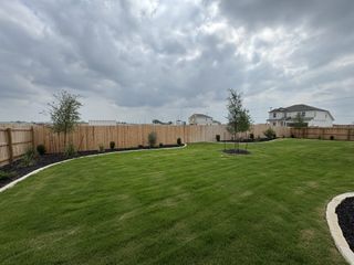 A spacious, well-manicured yard with lush grass and young trees in Meadows at Clear Springs by Centex (New Braunfels, TX).