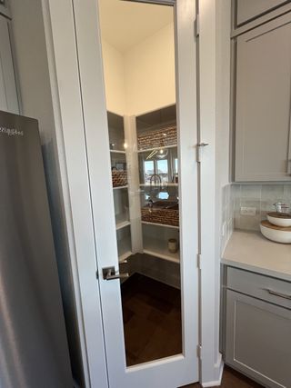 A sleek pantry with glass door, modern shelving, and wooden flooring. Features elegant storage baskets and a stainless fridge.