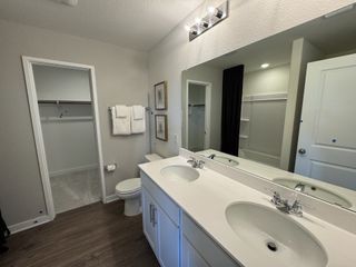 Model Home Modern bathroom with a dual-sink vanity, large mirror, and a walk-in closet entrance.