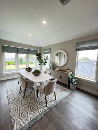 A cozy dining room with a wooden table, elegant chairs, and large windows overlooking a green yard, accented by a statement rug.
