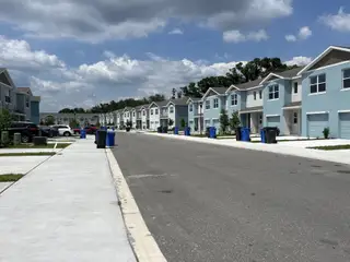 Charming townhomes with blue facades line a neat street in Chelsea Court by D.R. Horton (Tampa, FL).