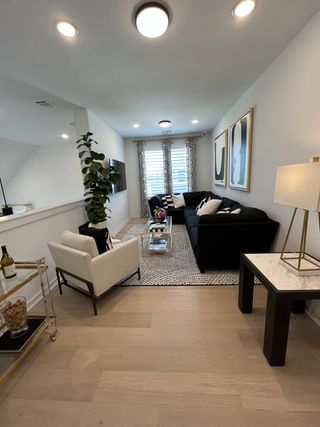 A cozy living room with a chic black sofa, patterned rug, elegant decor, and natural light from stylish curtains.