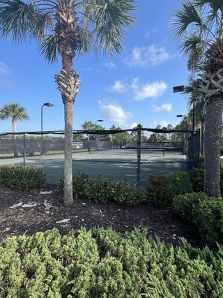 A scenic tennis court surrounded by palm trees and lush greenery in RiverTown - Bluffs by Mattamy Homes (St. Johns, FL).
