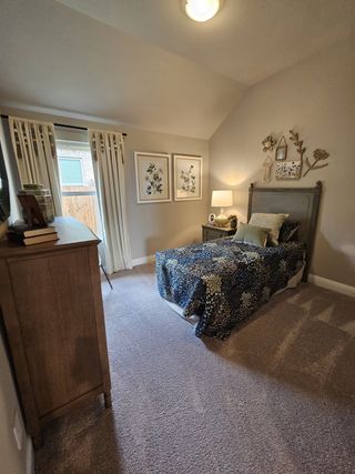 Cozy bedroom with patterned bedding, airy curtains, and decorative wall art creating a warm, welcoming atmosphere.