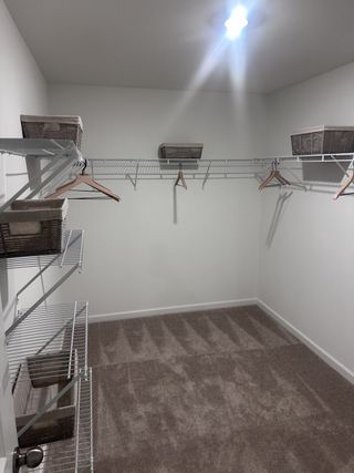 A spacious walk-in closet with plush carpet, wire shelving, and elegant wicker baskets.