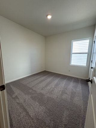 A cozy bedroom with plush gray carpet, a single window, and soft lighting, offering a warm and inviting atmosphere.