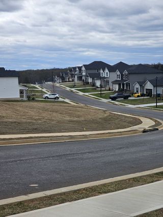 Beautiful suburban street with modern homes in the Preserve at Mountain Creek by Meritage Homes (Pendergrass, GA).