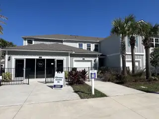 A modern townhome community with lush landscaping and palm trees in Bridgewater by D.R. Horton (St. Augustine, FL).