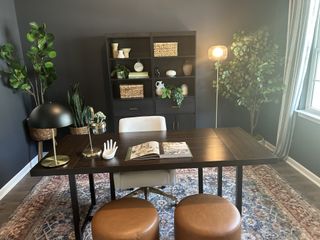 Model Home Sleek home office with dark wood desk, elegant shelving, leafy plants, and cozy lighting on a patterned rug.