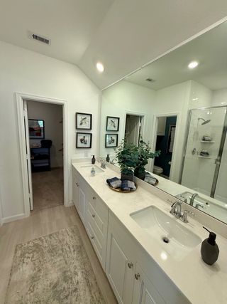 A sleek bathroom with a dual-sink vanity, large mirror, and decorative accents on light wood flooring.