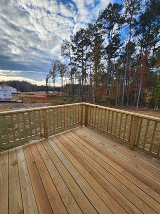 Model Home A serene backyard deck overlooking tall trees and open land, perfect for relaxation in Riverside by RiverWILD Homes (Zebulon, NC).