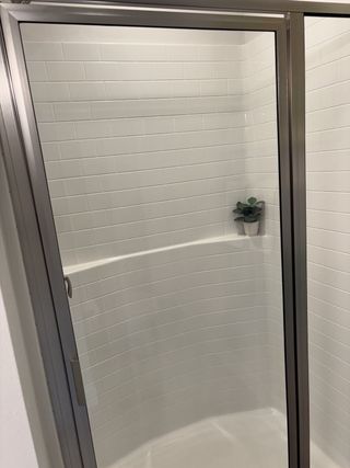 A sleek shower with white subway tiles and a glass door, featuring a small shelf with a potted plant for a modern touch.